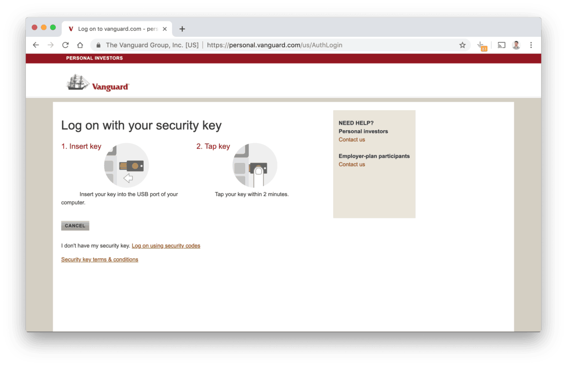 Using a security key with Vanguard.